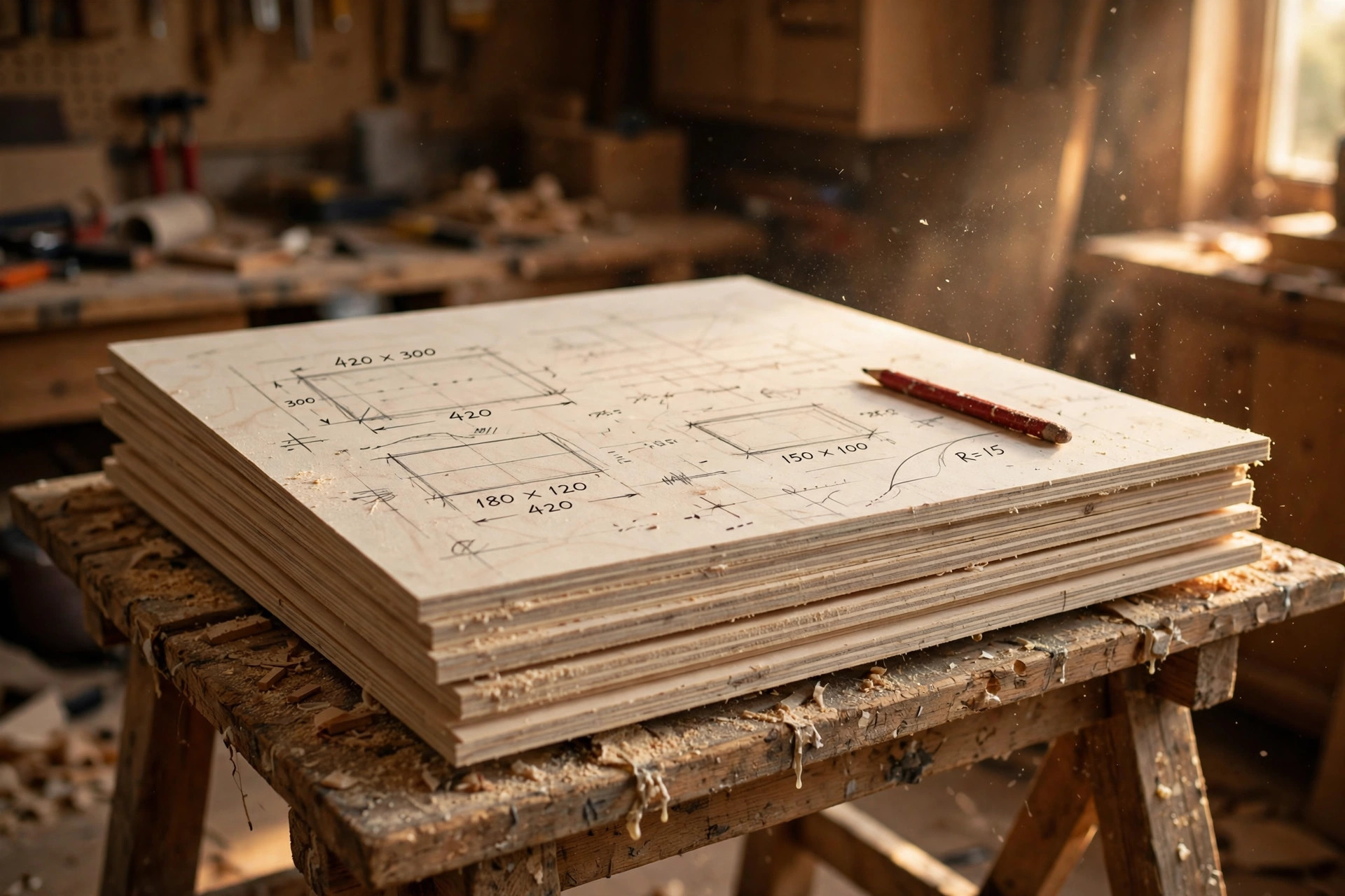Birch plywood sheets marked with pencil layout lines on a saw bench