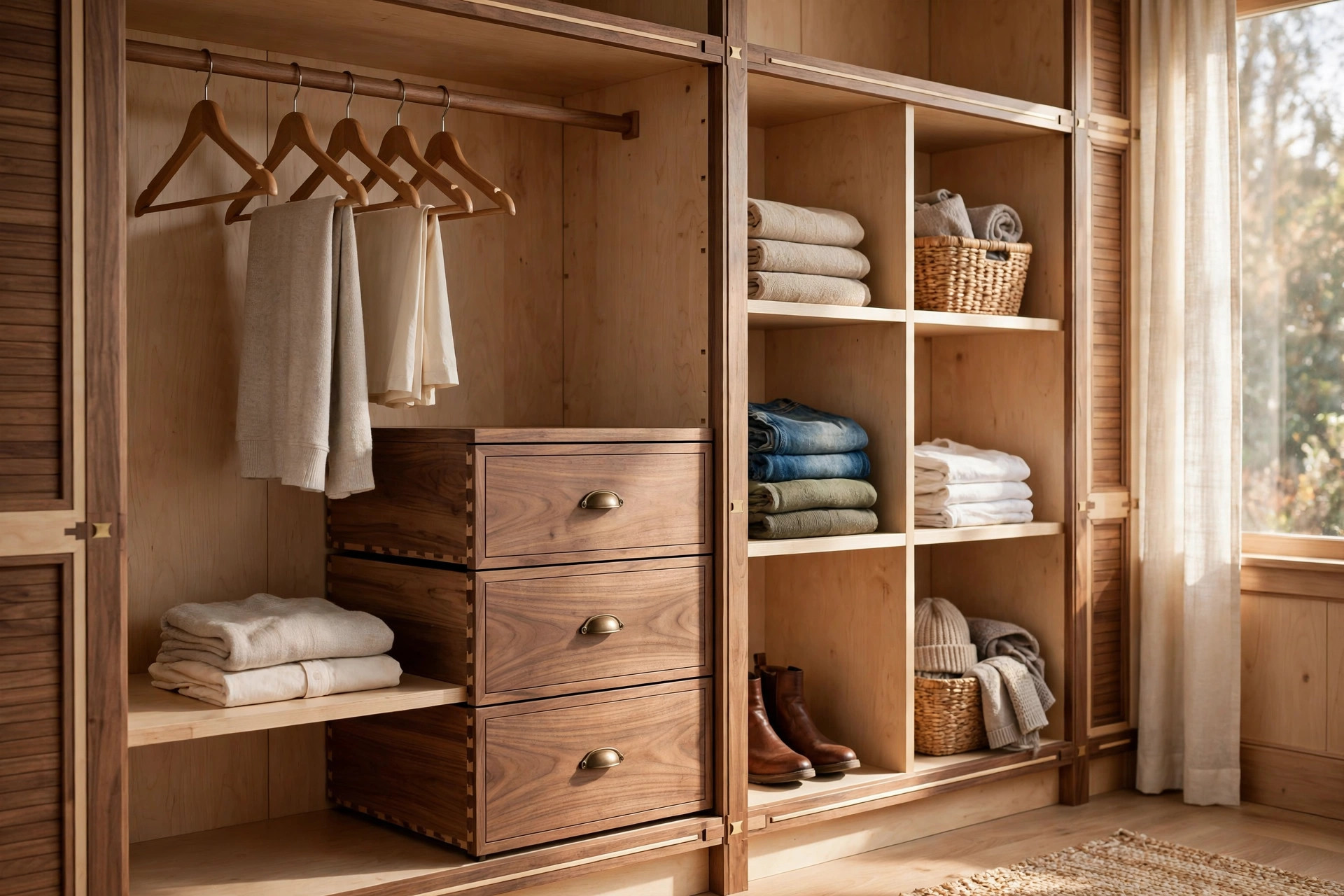 Custom wooden closet organizer with shelving and drawers